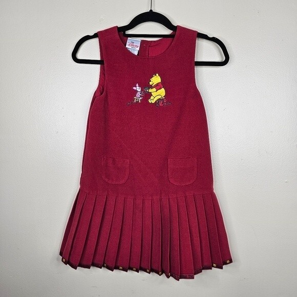Vintage Winnie the Pooh Dress - Red Pinafore with pleated skirt size 7/8 - Picture 1 of 7